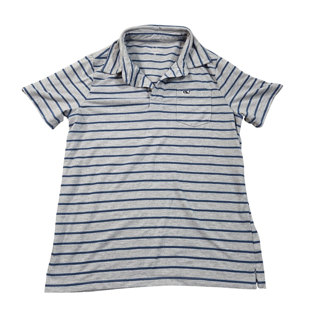 Vineyard Vines Polo Shirt Boys Medium 12-14 Gray Blue Striped Pocket Whale